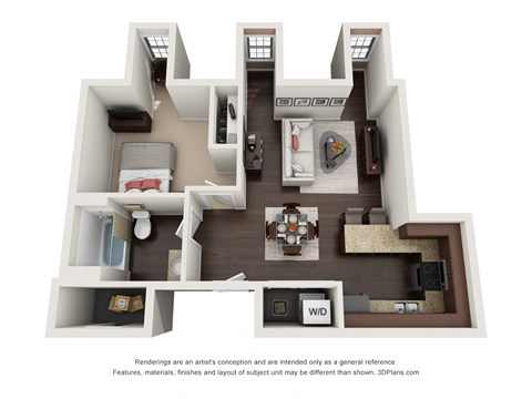 Floor plan for 1 bed, 1 bath, 691 sqft